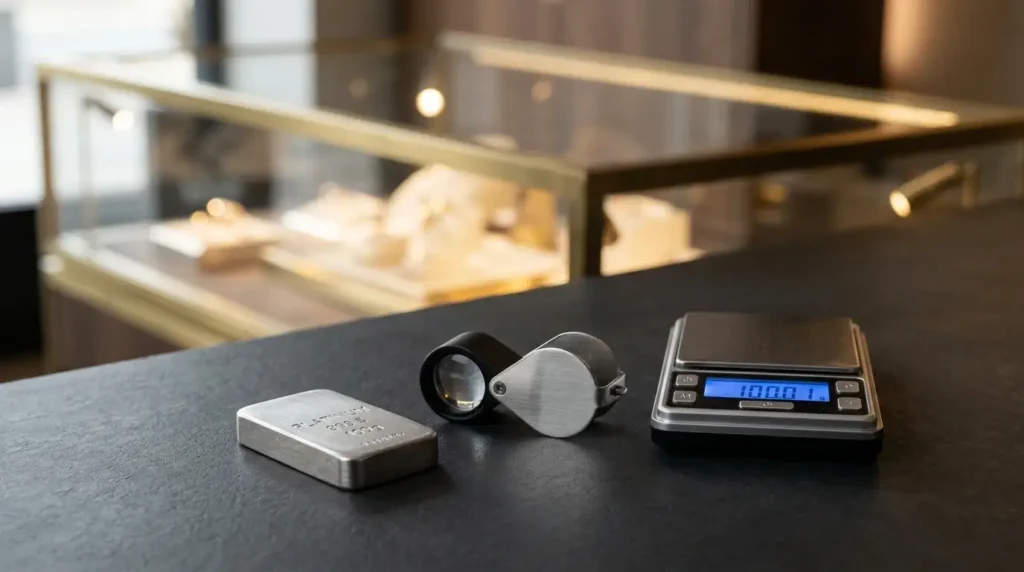 Platinum vs white gold: platinum bar, jeweler loupe and scale at Houston Cash for Gold
