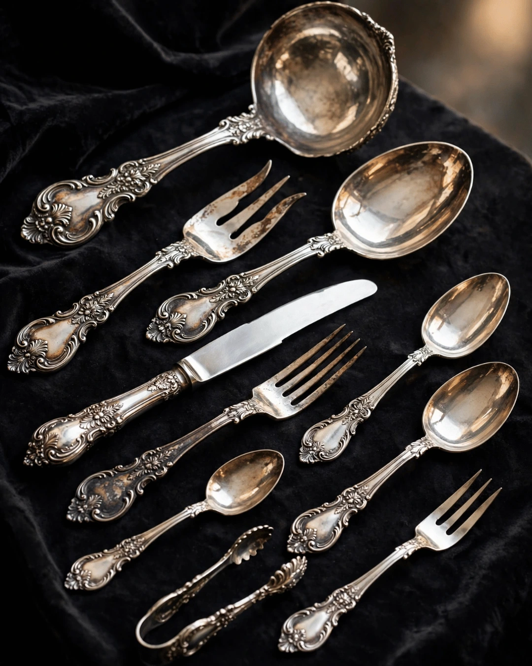Sterling silver knives, tea set, and weighted hollowware sorted by a Houston silverware buyer