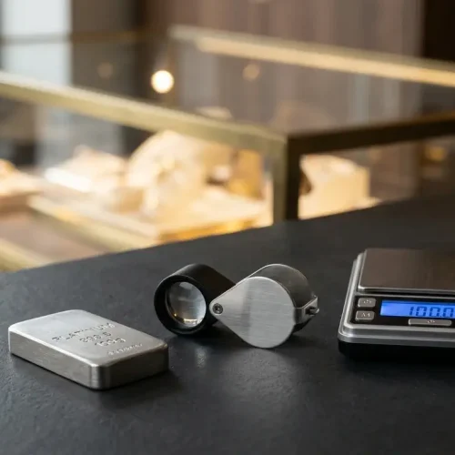 Platinum vs white gold: platinum bar, jeweler loupe and scale at Houston Cash for Gold